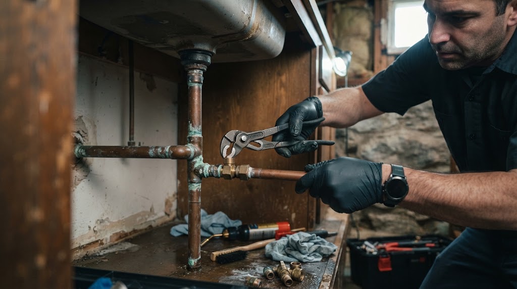 Plumber performing pipe leak repair Plainfield NJ
