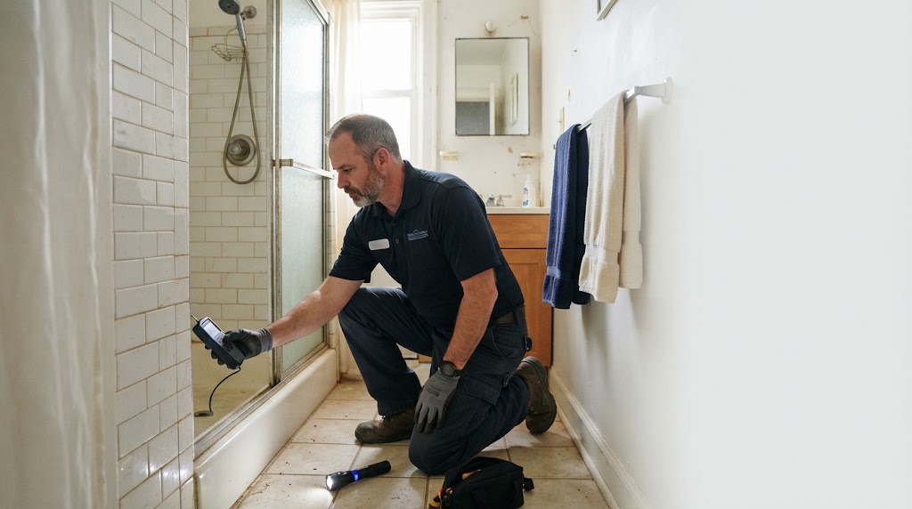 Technician inspecting a shower pan leak Plainfield