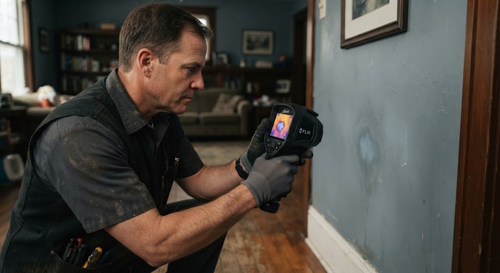 Thermal camera showing a hidden leak behind wall Plainfield